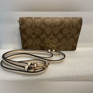 Coach Anna Foldover Signature Canvas Crossbody in Tan and Cream